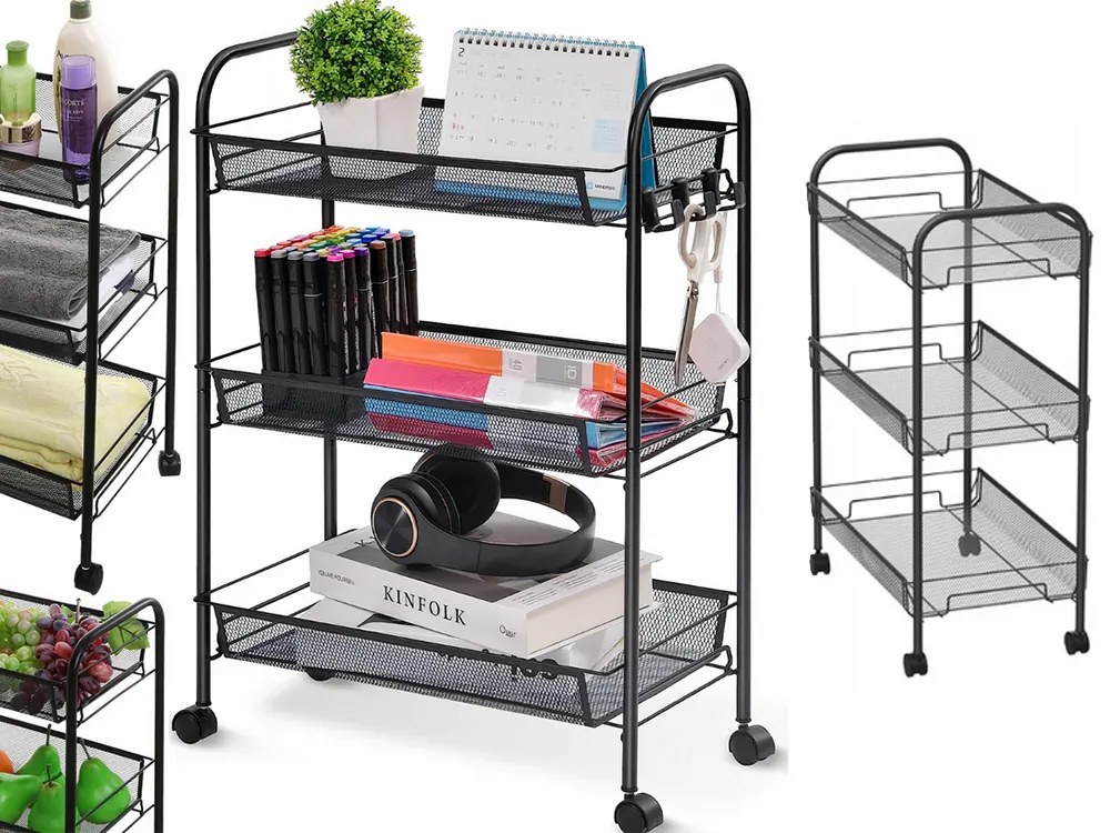 VERK GROUP Mobilný kovový regál s kolieskami, 3 police, čierny kov SHELF