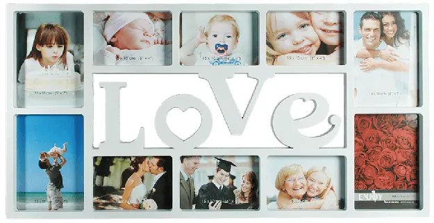 Biely fotorámik koláž Relaxdays RD10021856 Love na 10 fotiek – 73 x 37 cm