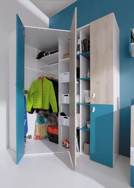 Rohová šatníková skriňa Planet, dub/biela/modrá