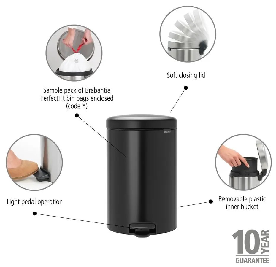 Matne čierny pedálový oceľový odpadkový kôš 20 l NewIcon – Brabantia