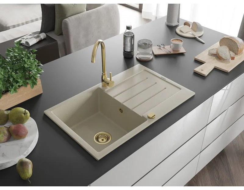 Mexen Bruno, 1-komorový granitový drez s odkvapkávačom 795x495x200 mm a zlatá kuchynská batéria Telma, béžová, 6513-69-670200-50