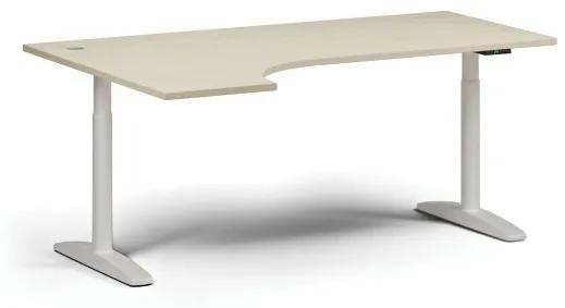 Výškovo nastaviteľný stôl OBOL, elektrický, 675-1325 mm, rohový ľavý, doska 1800x1200 mm, biela zaoblená podnož, breza