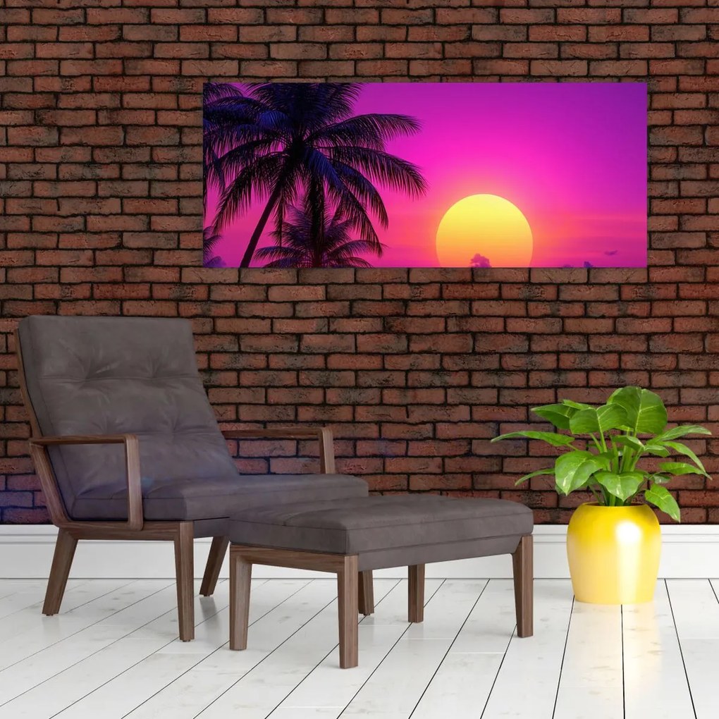 Obraz - Fialový západ s palmou (120x50 cm)