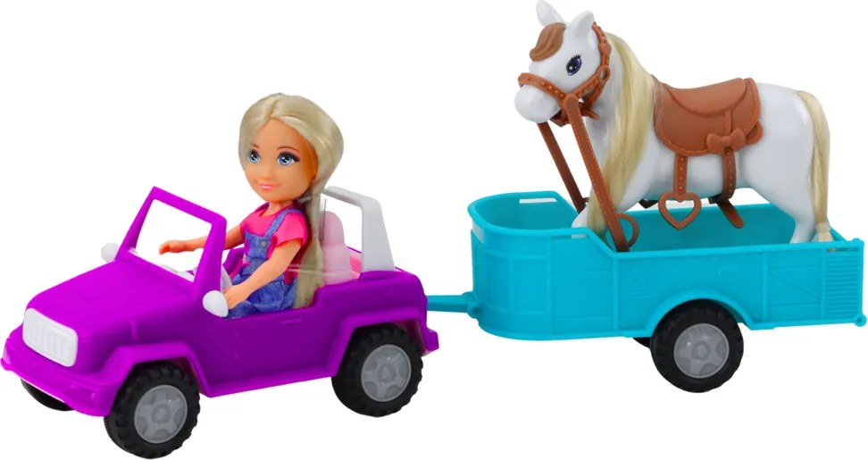 LEAN Toys Súprava bábiky Ankiki kabriolet s prívesom a koňom