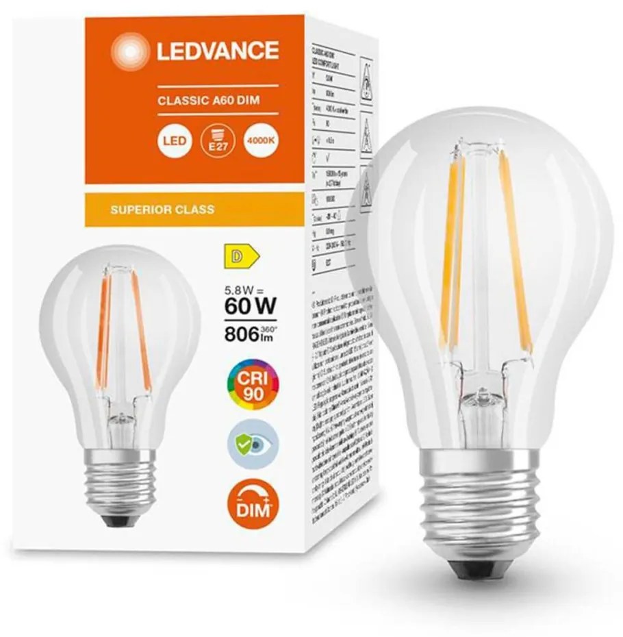 LED žiarovka E27 A60 5,8W = 60W 806lm 4000K Neutrálne 300° CRI90 Stmievateľné vlákno LEDVANCE Superior