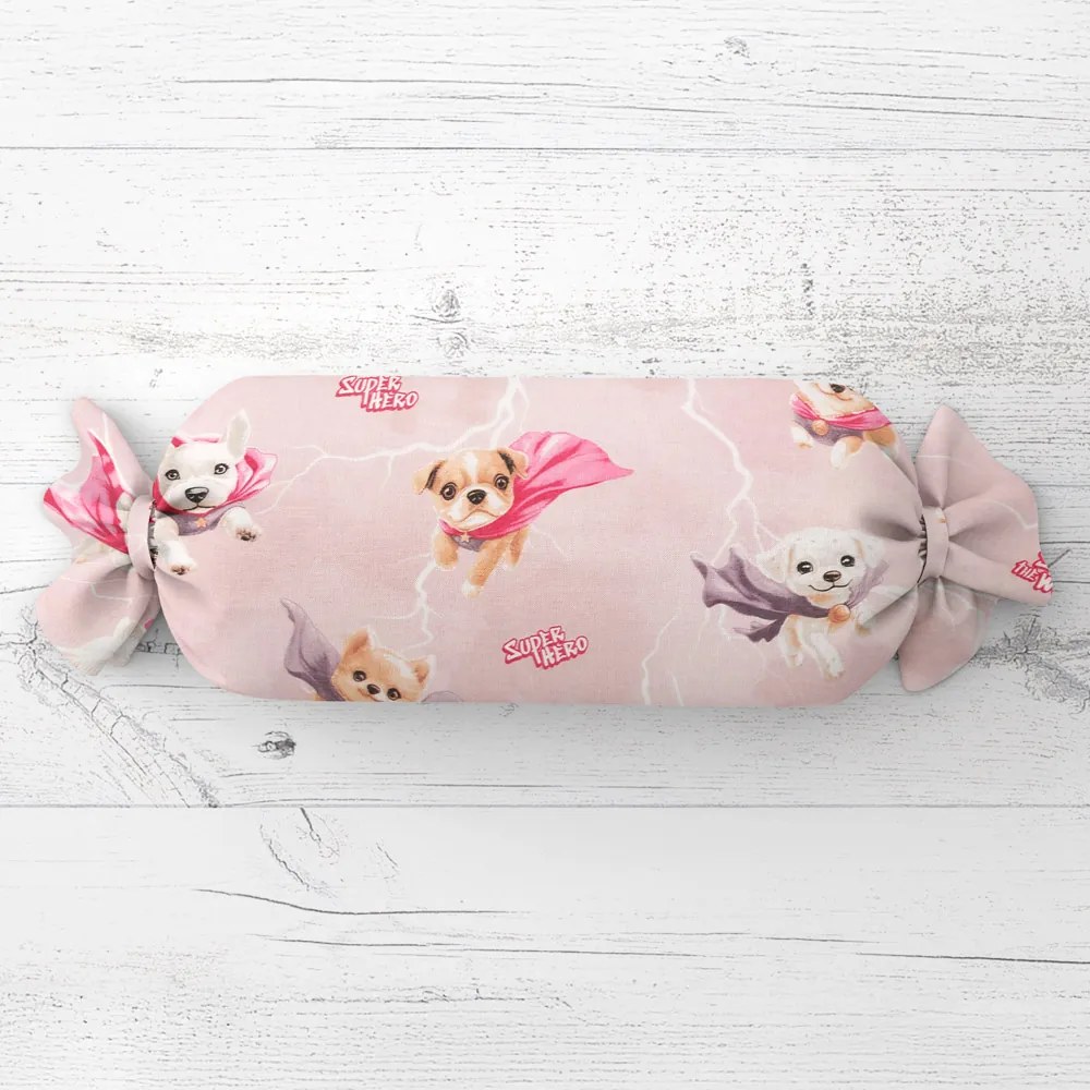 Biante Detský vankúš valec bonbon Sandra SA-650 Psí superhrdinovia na staroružovom 15x80 cm