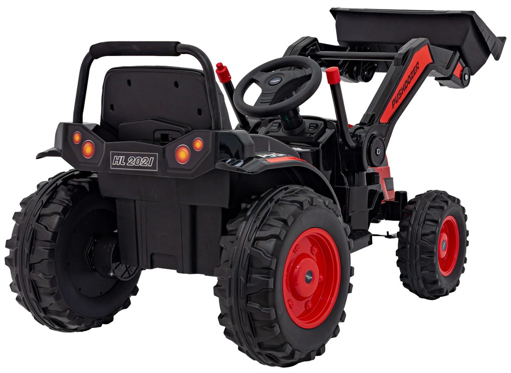 Červený detský elektrický traktorový bager 12V s diaľkovým ovládaním, pohyblivým ramenom a FM rádiom