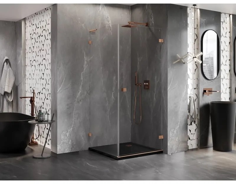Mexen Lunar-B L výklopný sprchový kút pravý 80 x 80 cm, číre sklo, medená matná, 832L-080-080-65-00-P