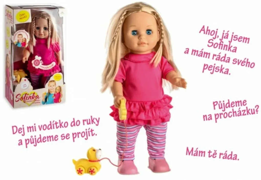 Bábika Sofinka s psíkom chodiacou a česky hovoriaci plast 42cm na bat. so zvukom v krab