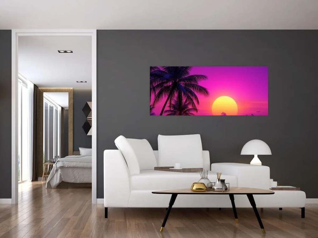 Obraz - Fialový západ s palmou (120x50 cm)