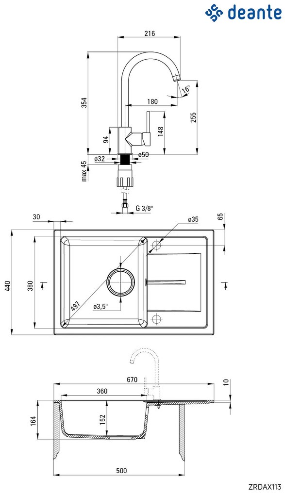 Deante Leda, granitový 1-komorový drez na dosku 670x440x164 mm + drezová batéria BEN 762M piesková + sifón, piesková, ZRDA7113