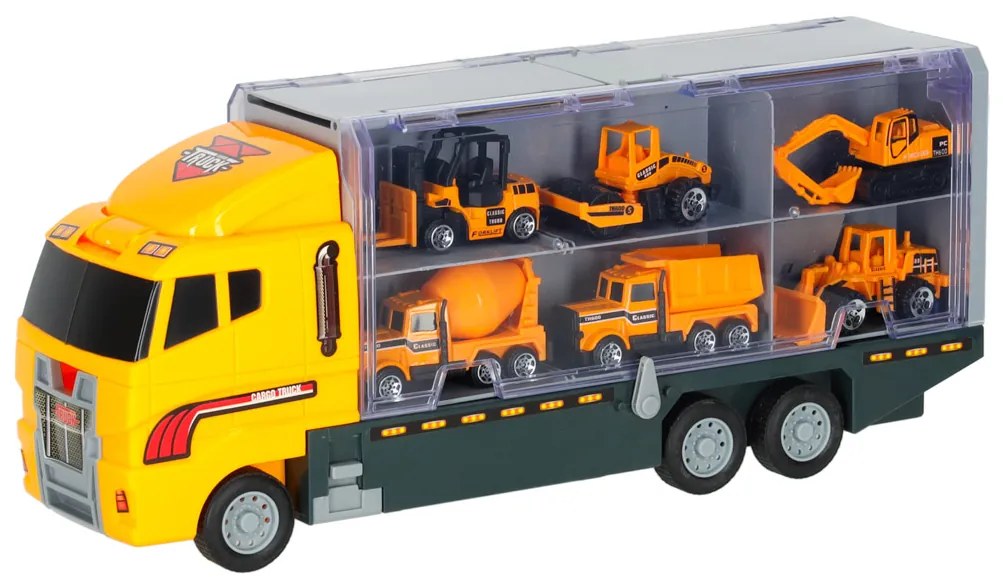 KIK Nákladné auto transportér so 6 kovovými stavebnými strojmi