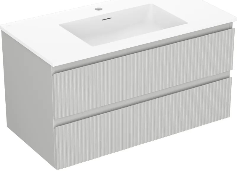 Mexen Rivel, kúpeľňová skrinka 90 cm s umývadlom Otis, 2 zásuvky, drážkovaná, sivá matná/biela, 91A20-09047-2-BFF62-W18M01