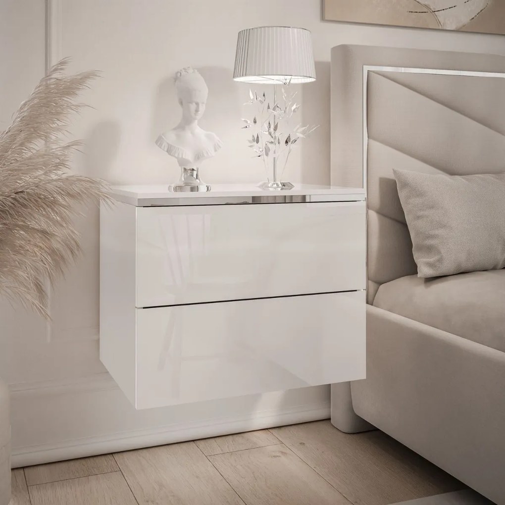 ZÁVESNÝ NOČNÝ STOLÍK NESSIE 2 BIELY LESK + STRIEBORNÝ LED