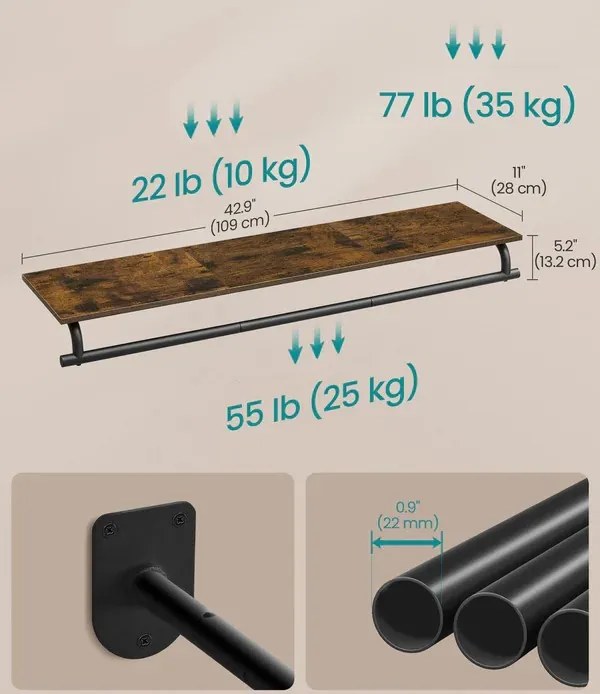Nástenný predsieňový vešiak Vasagle Nomy 109 cm čierny/hnedý