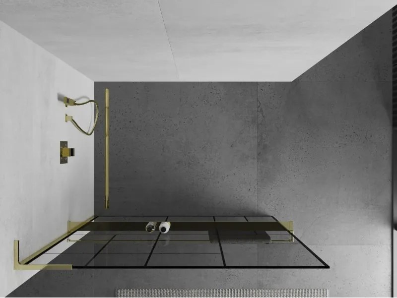 Mexen Kioto+ L, sprchová zástena Walk-In s poličkou a vešiakom 100 x 200 cm, 8mm číre sklo čierny vzor, zlatý lesklý profil,800-100-123-50-78