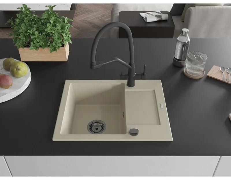 Mexen Enzo, granitový drez 576x465x174 mm, 1-komorový a drezová batéria Duo, béžová, 6506-69-671701-70-B