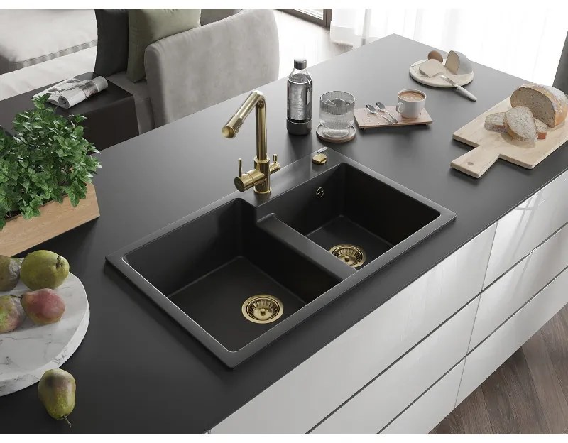 Mexen Tomas, granitový drez 800x500x190 mm, 2-komorový a zlatá batéria Duero, čierna, 6516-77-671600-50