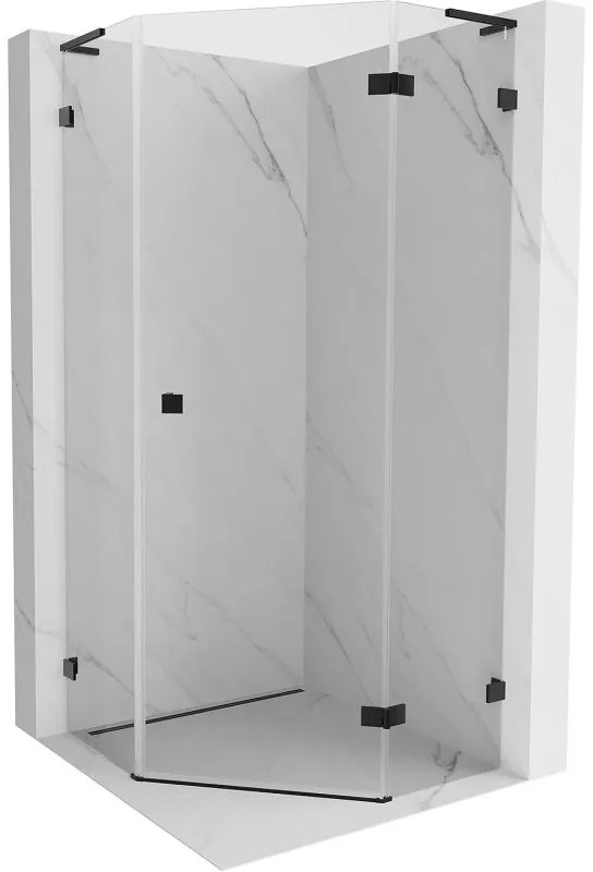 Mexen Lunar, L pravý výklopný päťuholníkový sprchový kút 80 x 80 cm, 8mm číre sklo, čierny profil, 831L-080P-080L-70-00-P