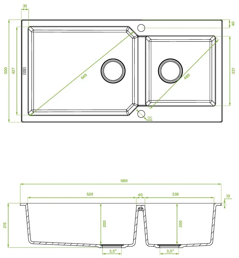 Kuchinox Milos, 2-komorový granitový drez 980x500x215 mm + sifón, čierna škvrnitá, LAV-SPM_7209