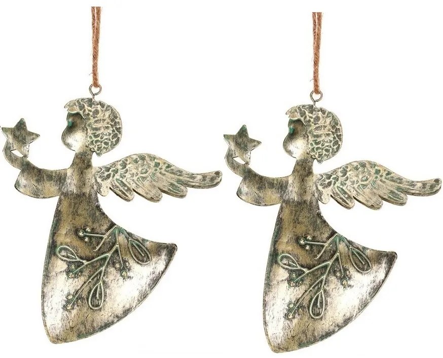 Závesná vianočná dekorácia Anjel 2 ks, kov, zlatá, 16 x 1 x 13 cm