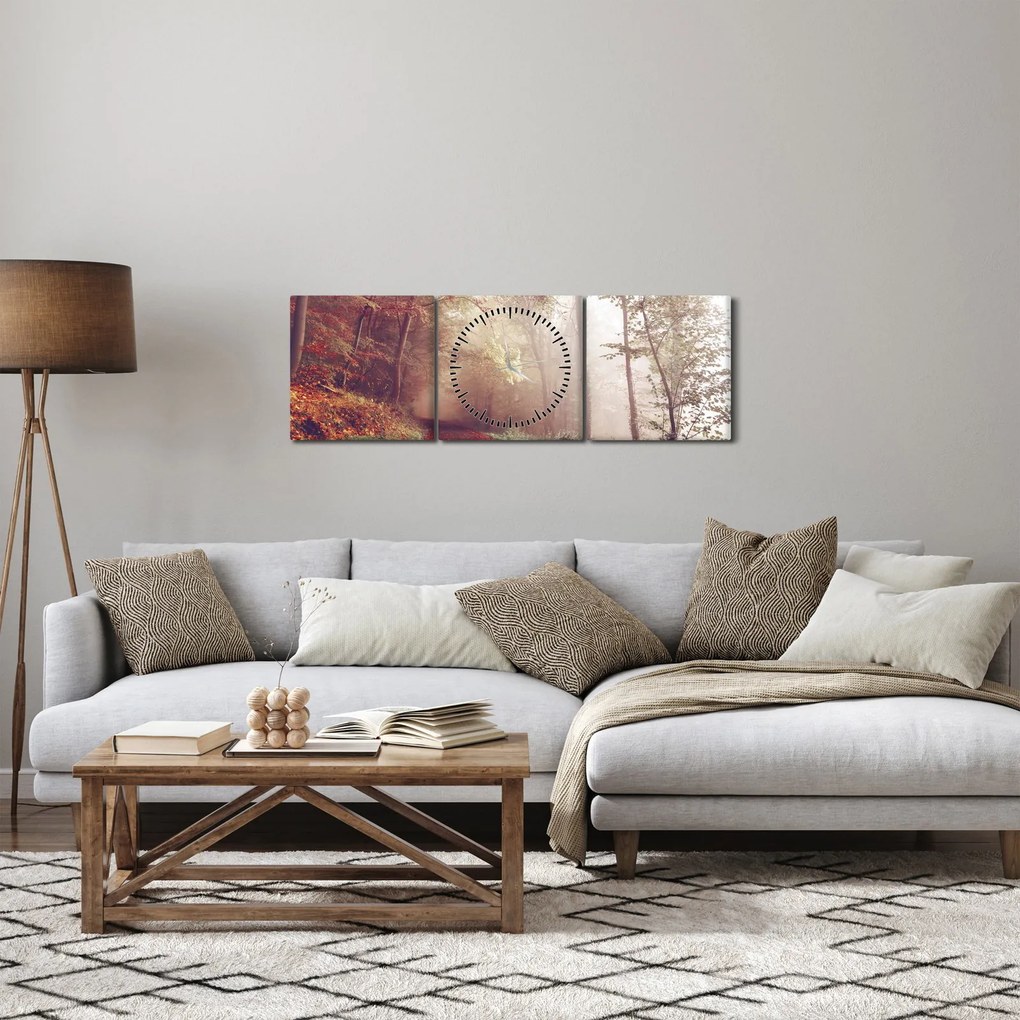 Obraz - Jesenná prechádzka lesom (s hodinami) (90x30 cm)