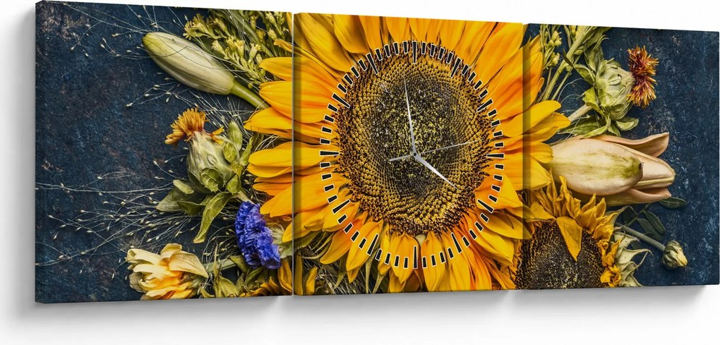 Obraz - Jesenné kvety (s hodinami) (90x30 cm)
