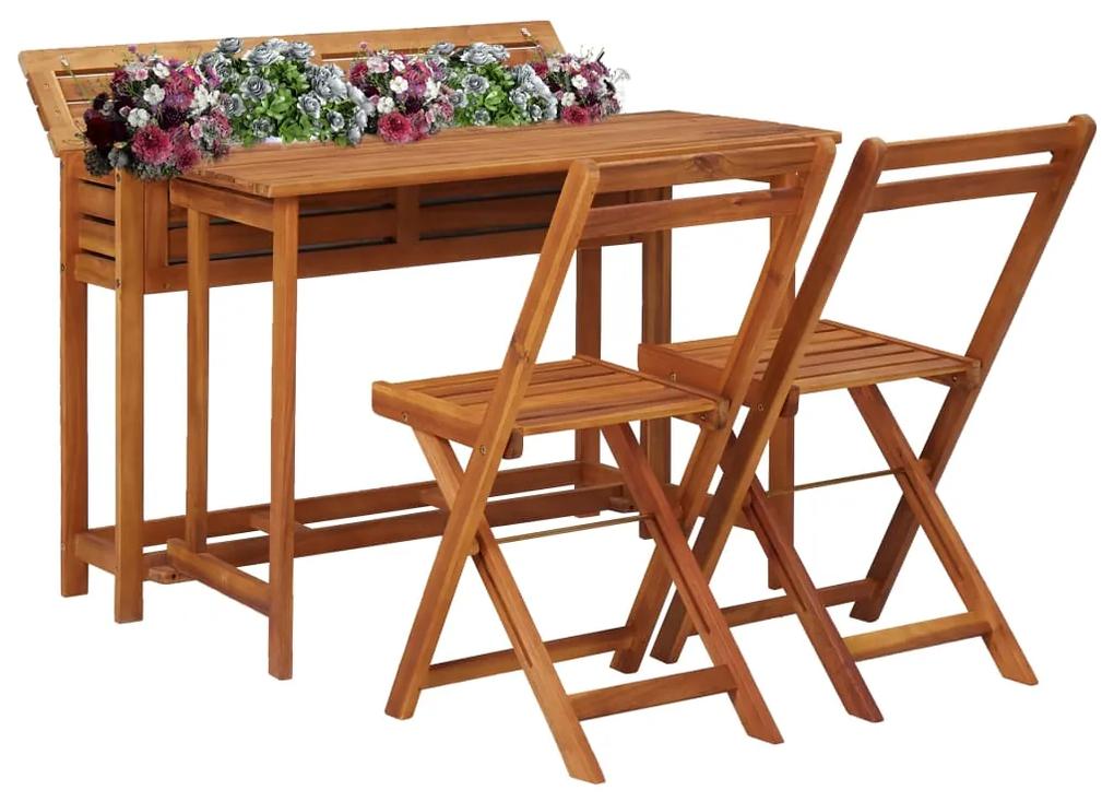 vidaXL Balkóný stôl s kvetináčmi s 2 bistro stoličkami masívne akáciové drevo