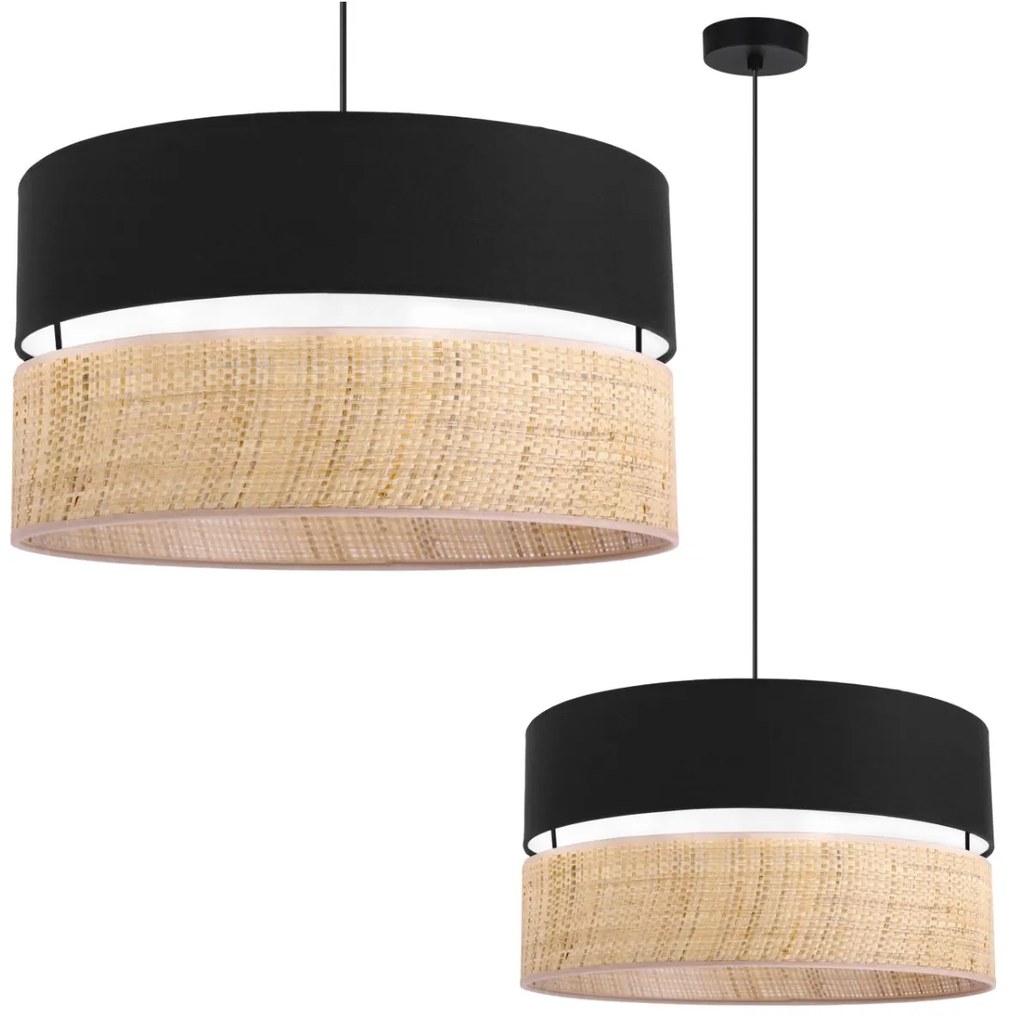 Závesné svietidlo Rattan, 1x ratanové/čierne textilné tienidlo, (fi 45cm)