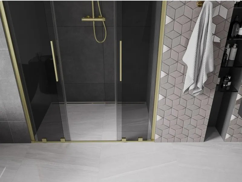 Mexen Velar Duo, posuvné sprchové dvere do otvoru 150 cm, 8mm šedé sklo, zlatá matná, 871-150-000-42-55