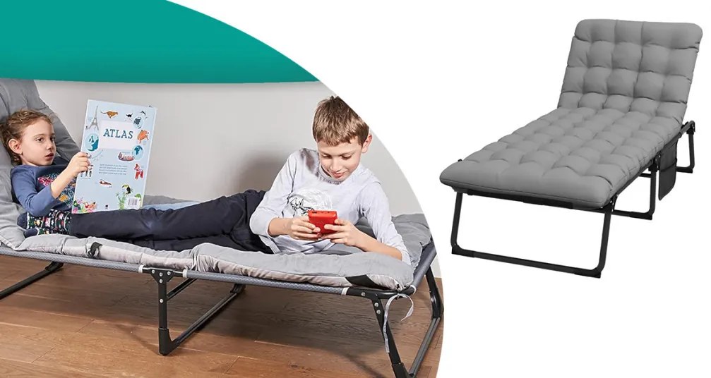 Skladacia kempingová posteľ s nastaviteľnou opierkou hlavy, s matracom v dvoch farbách
