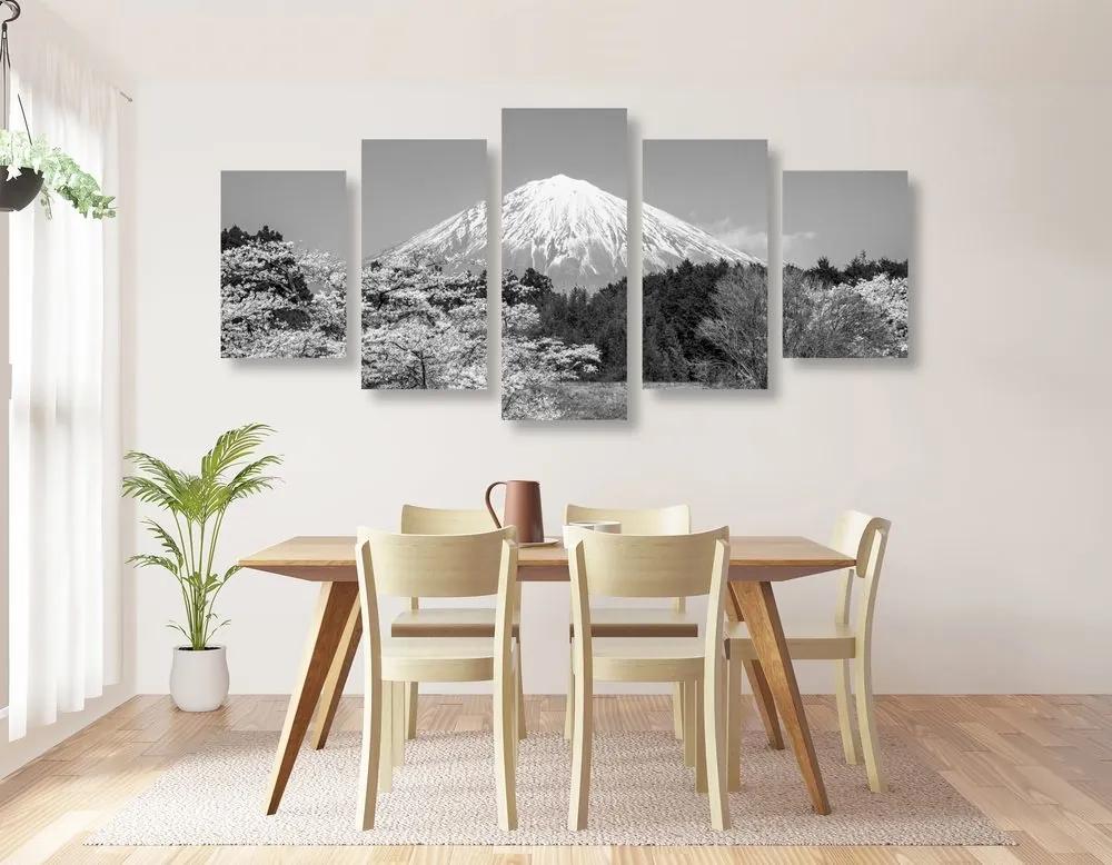 5-dielny obraz hora Fuji v čiernobielom prevedení - 200x100