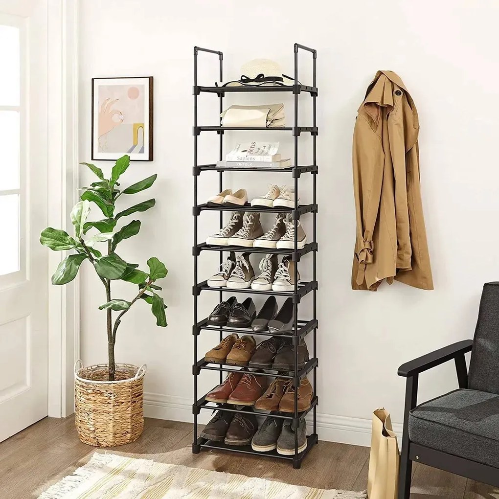 SongmicsHome Stohovateľný regál na topánky TUBE, 10 políc, 45x30x174cm, čierna