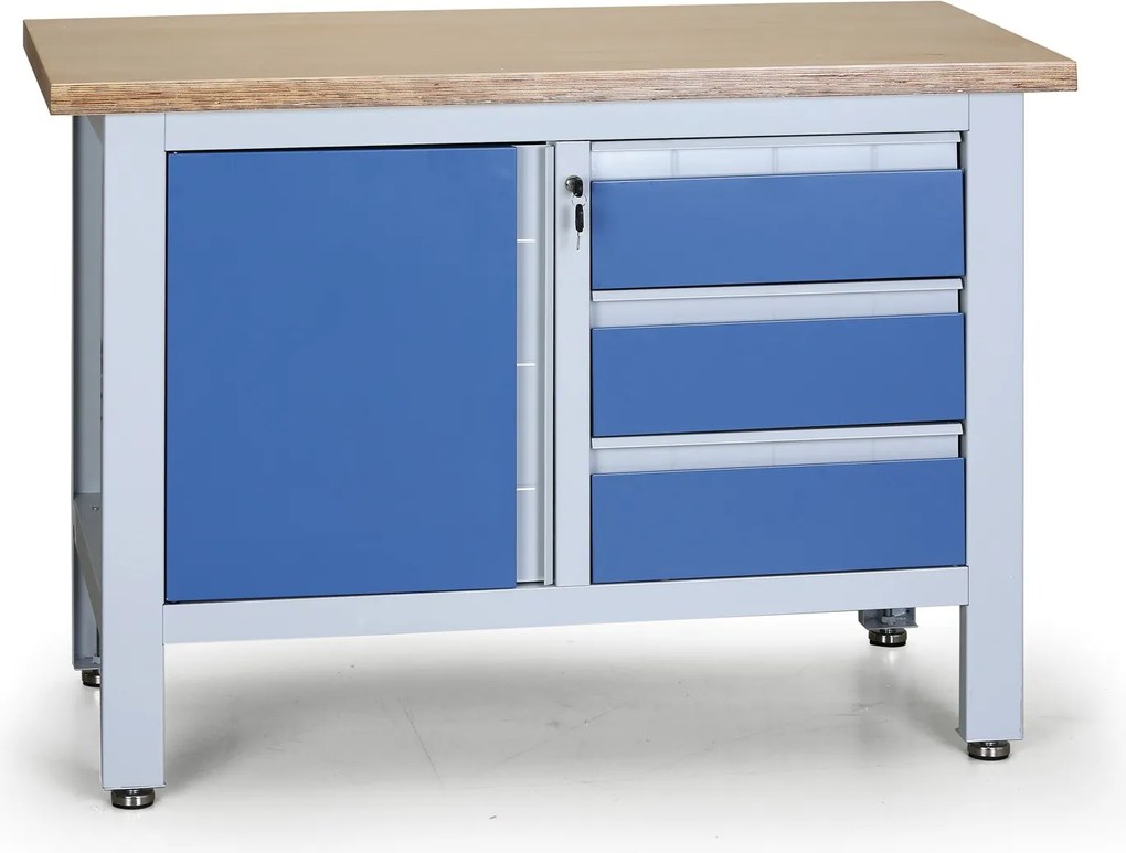 Pracovný stôl do dielne EXPERT, 3 zásuvky, 1 skrinka, 1200 x 600 x 860 - 900 mm, modrá