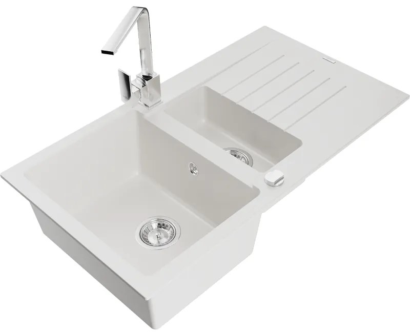 Mexen Matias, granitový drez 900x505x200 mm, 1,5-komorový a chrómová batéria Rita, biela, 6502-20-670300-00