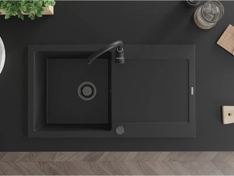 Mexen Leo, drez granitový 900x500x190 mm, 1-komorový a čierna batéria Telma, čierna, 6501-77-670200-70-B