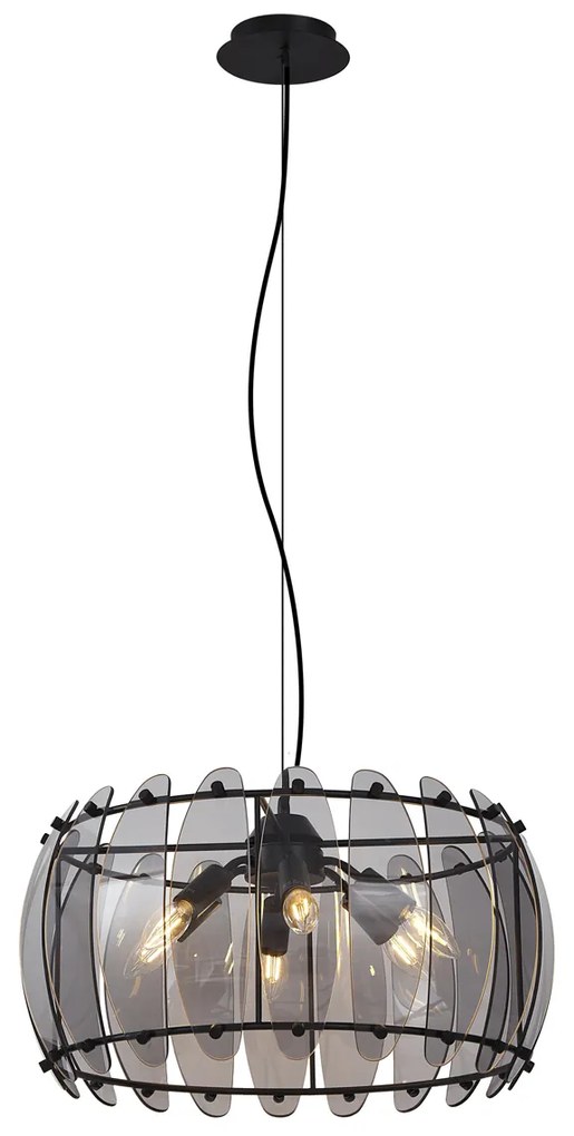 Dizajnové závesné svietidlo čierne s dymovým sklom okrúhle 6-svetiel - Mochan