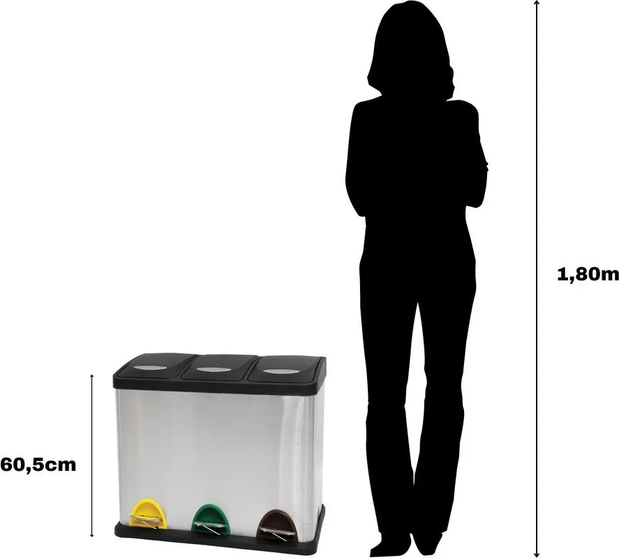 Oceľový odpadkový kôš 3x20 l na triedený odpad/nášľapný v matne striebornej farbe Tri Selectif – MSV