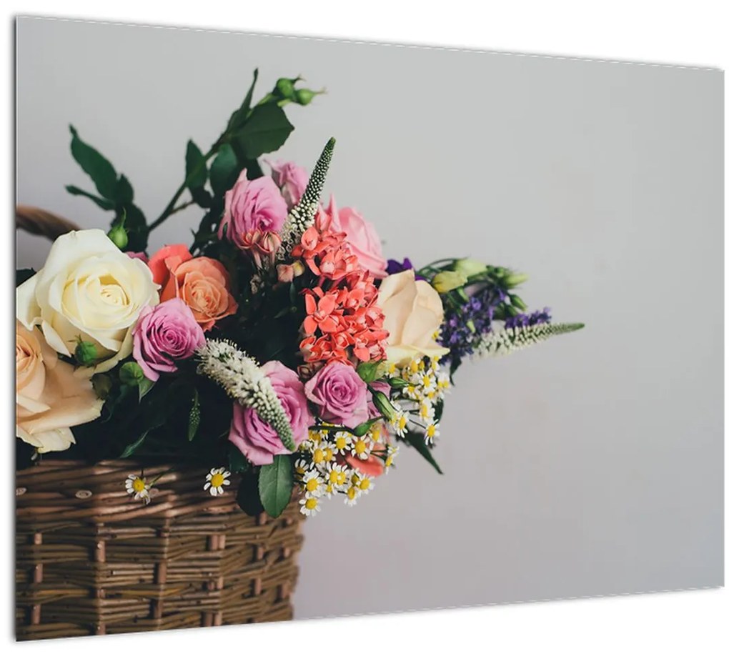 Sklenený obraz košíka s kvetinami (70x50 cm)