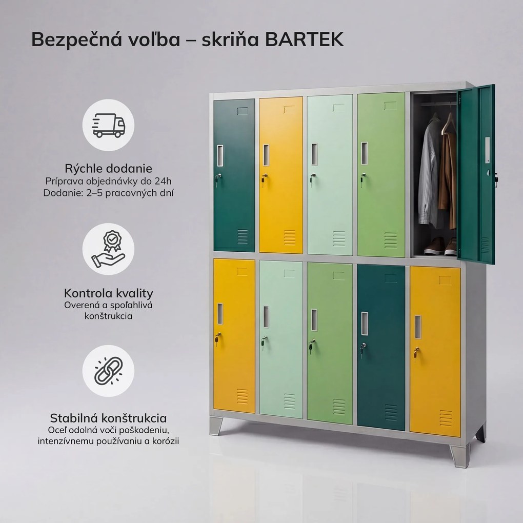 Šatníková skrinka 10-dverová sivo-zeleno-žltá, 1360x1720x450 mm: BARTEK