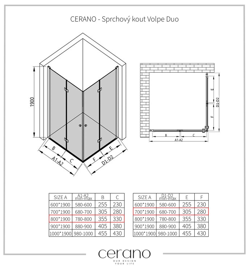 Cerano Volpe Duo, sprchovací kút so skladacími dverami 80(dvere) x 70(dvere) x 190cm, 6mm číre sklo, čierny profil, CER-CER-480145