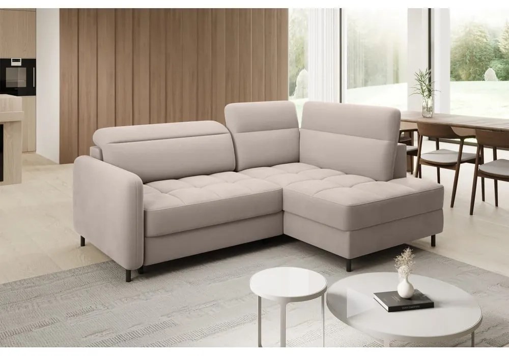 Svetlohnedá zamatová rozkladacia/s úložným priestorom rohová pohovka (pravý roh/do L) Barea – ELTAP