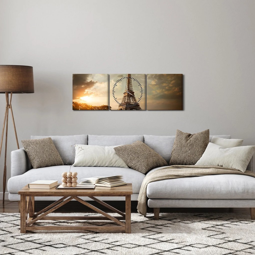 Obraz - Eiffelova veža, Paríž, Francúzsko (s hodinami) (90x30 cm)