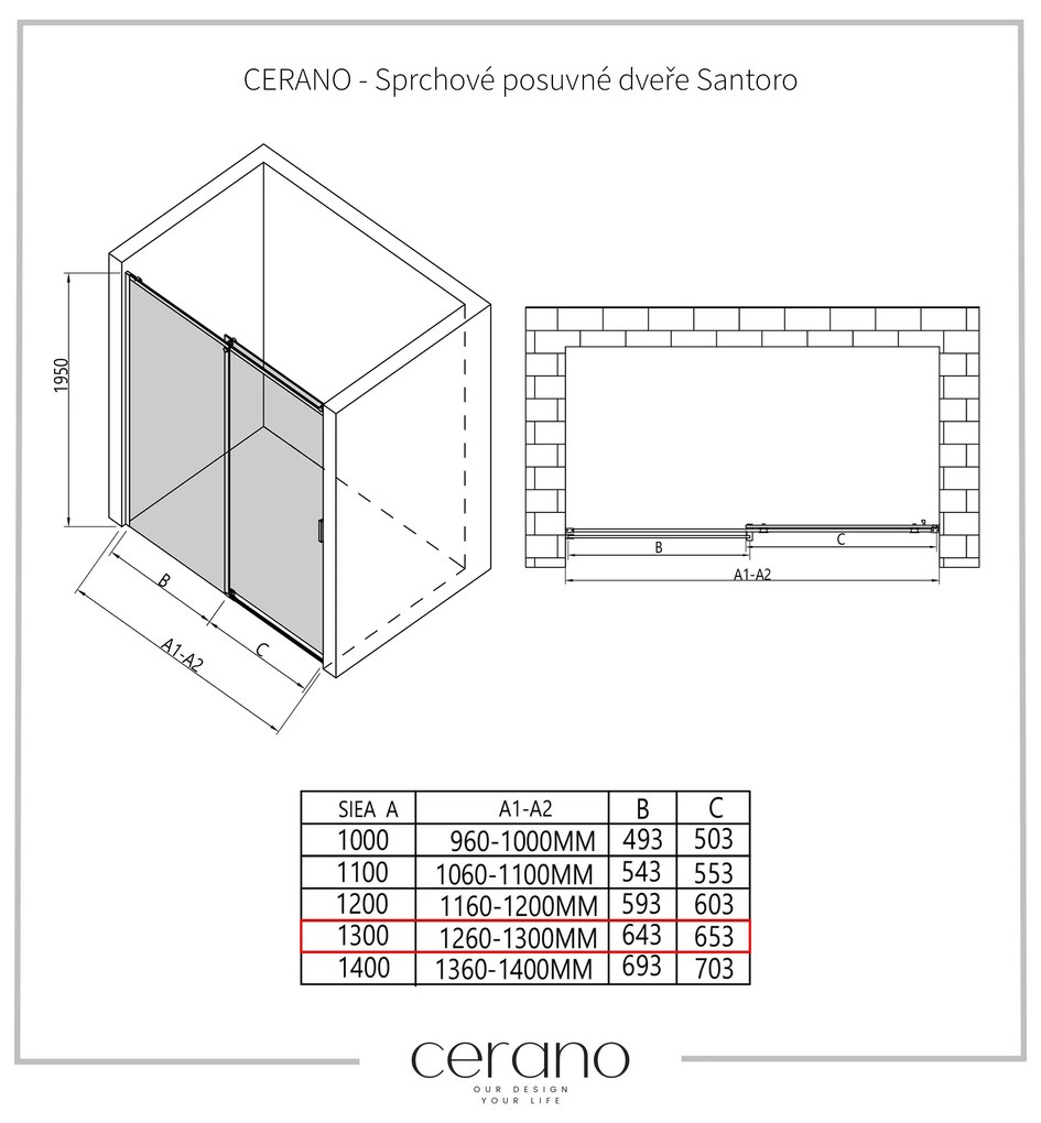 Cerano Santoro, sprchové posuvné dvere 130x195 cm, 6mm číre sklo, chrómový profil, CER-CER-424939