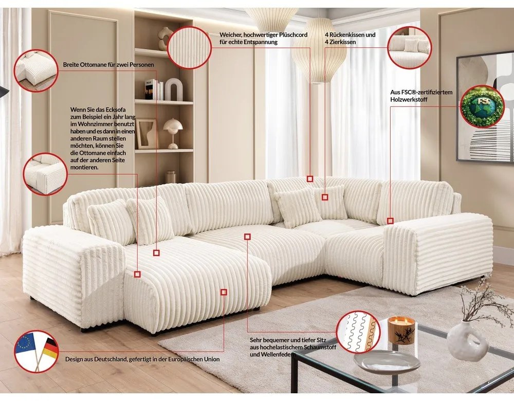 Krémová menčestrová rohová pohovka (pravý roh/do tvaru "U") Justin – Ropez