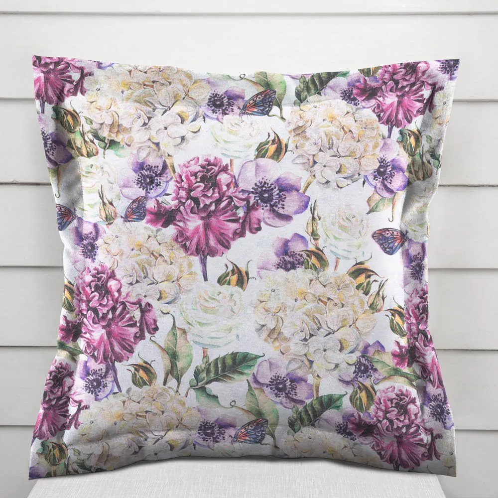 Biante Dekoračná obliečka na vankúš s lemom PML-108 Fialové kvety s motýlikmi na bielom 60 x 60 cm