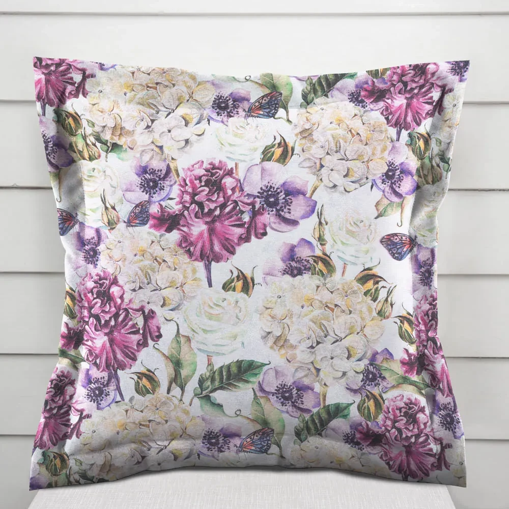 Biante Dekoračná obliečka na vankúš s lemom PML-108 Fialové kvety s motýlikmi na bielom 60 x 60 cm