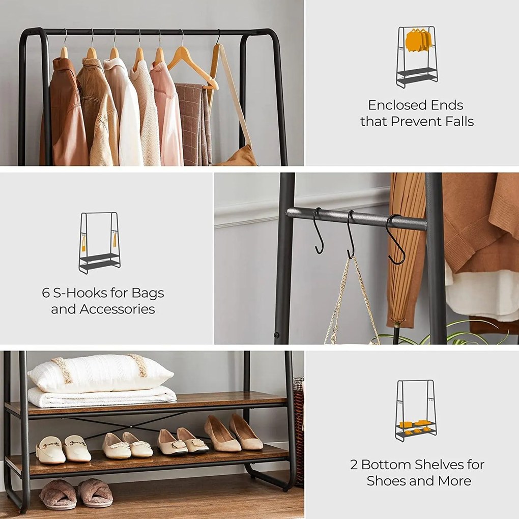 Policový stojan na šaty so 6 háčikmi, rustikálny hnedý