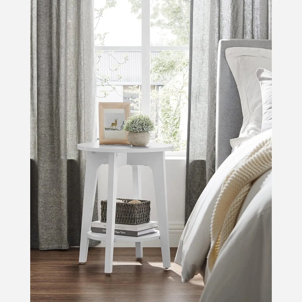 Príručný stolík, malý okrúhly stolík so spodnou policou, biely