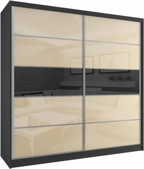 Moderná šatníková skriňa s béžovými posuvnými sklenenými dverami s čiernym pruhom šírka 200 cm čierny korpus